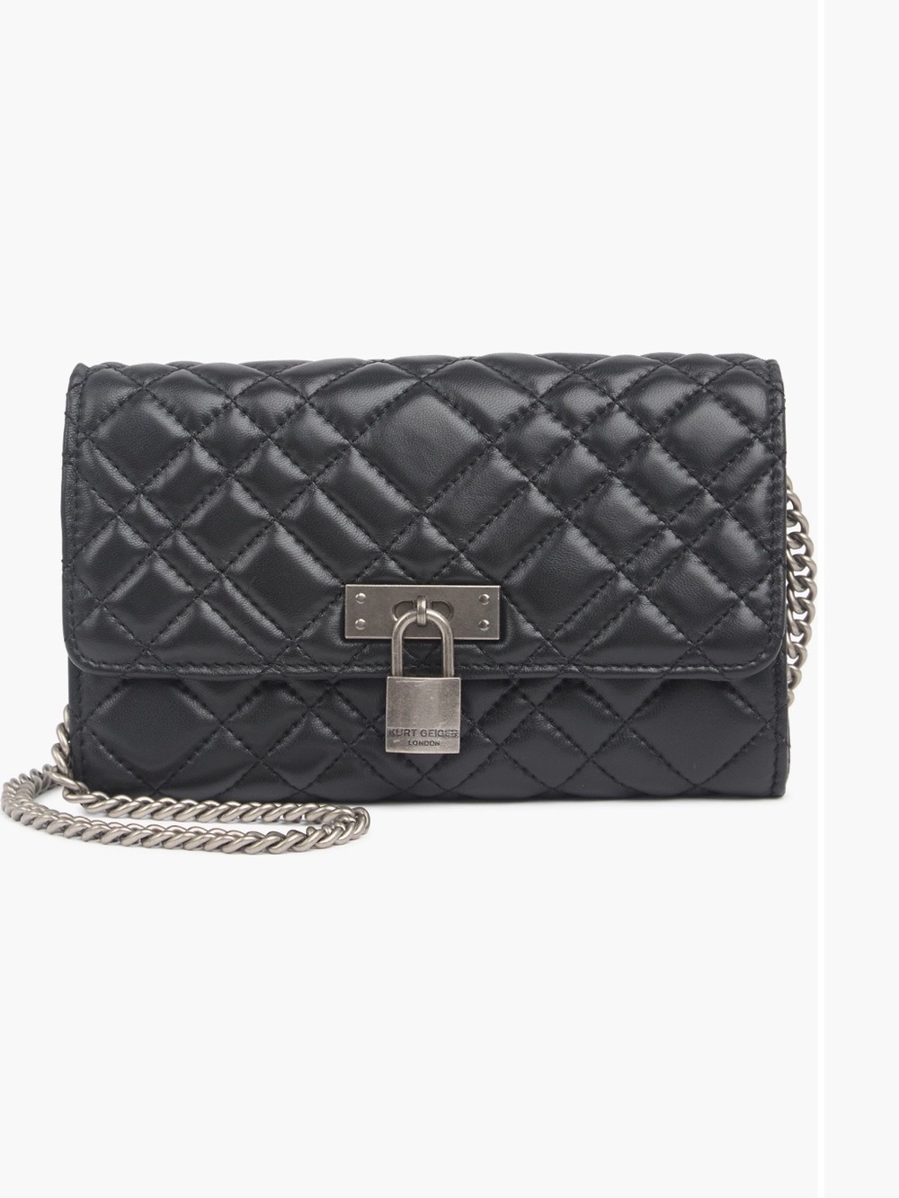 Kurt Geiger Black Quilted Leather Crossbody with Silver Chain